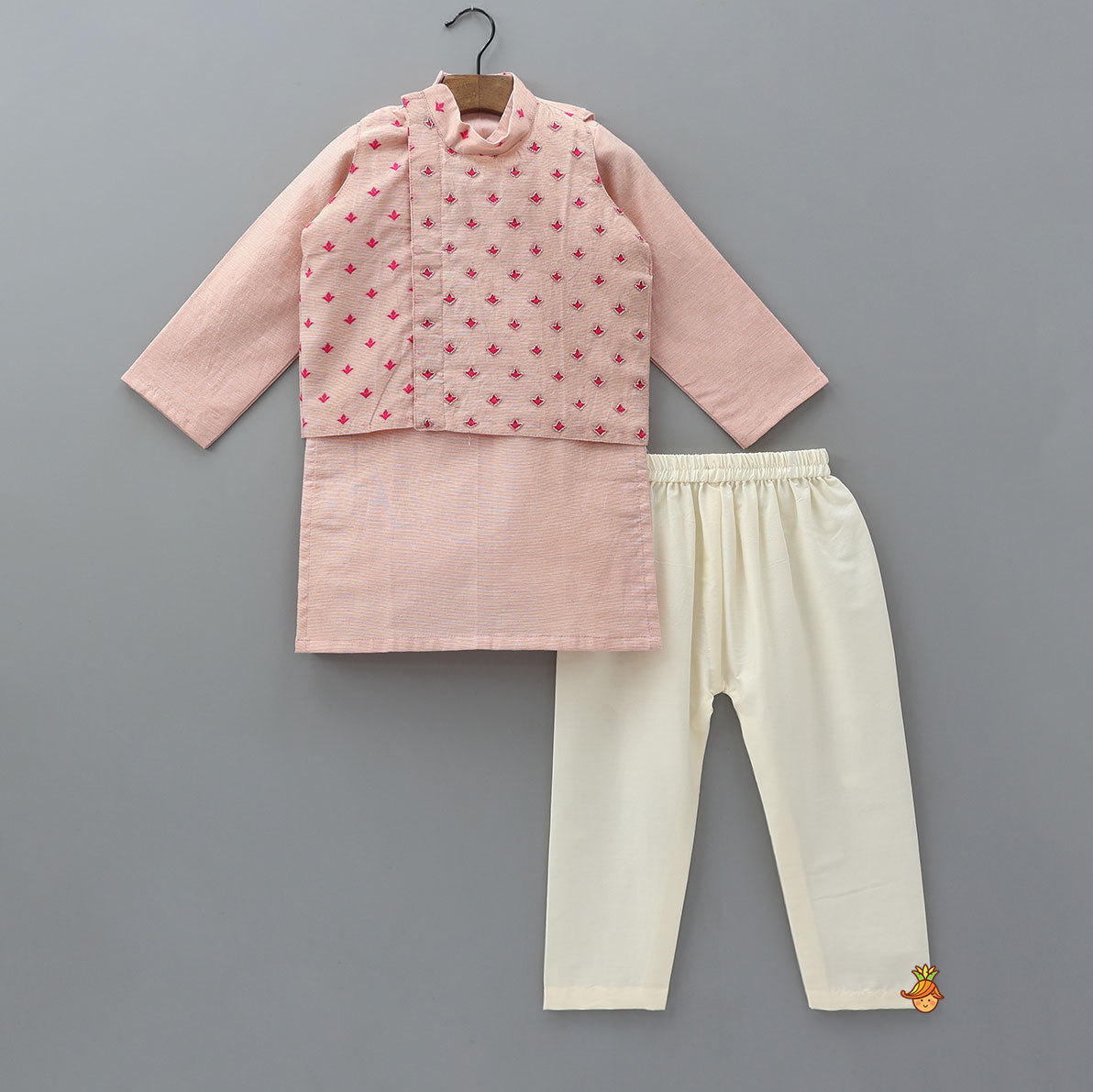 Pre Order: Pink Chanderi Kurta With Stylish Embroidered Jacket And Pyjama
