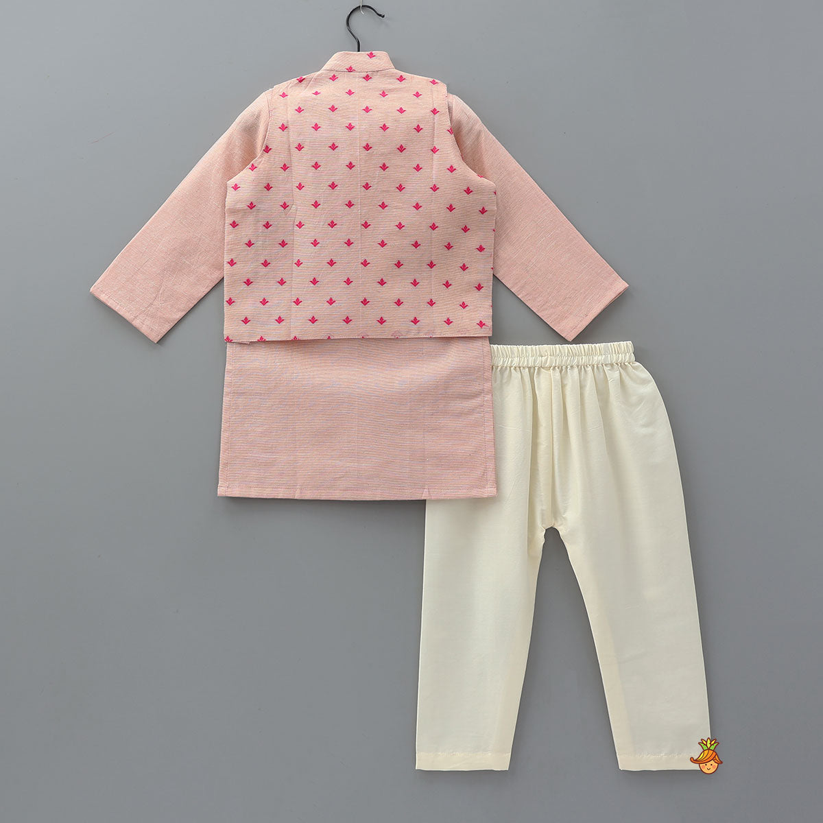 Pre Order: Pink Chanderi Kurta With Stylish Embroidered Jacket And Pyjama