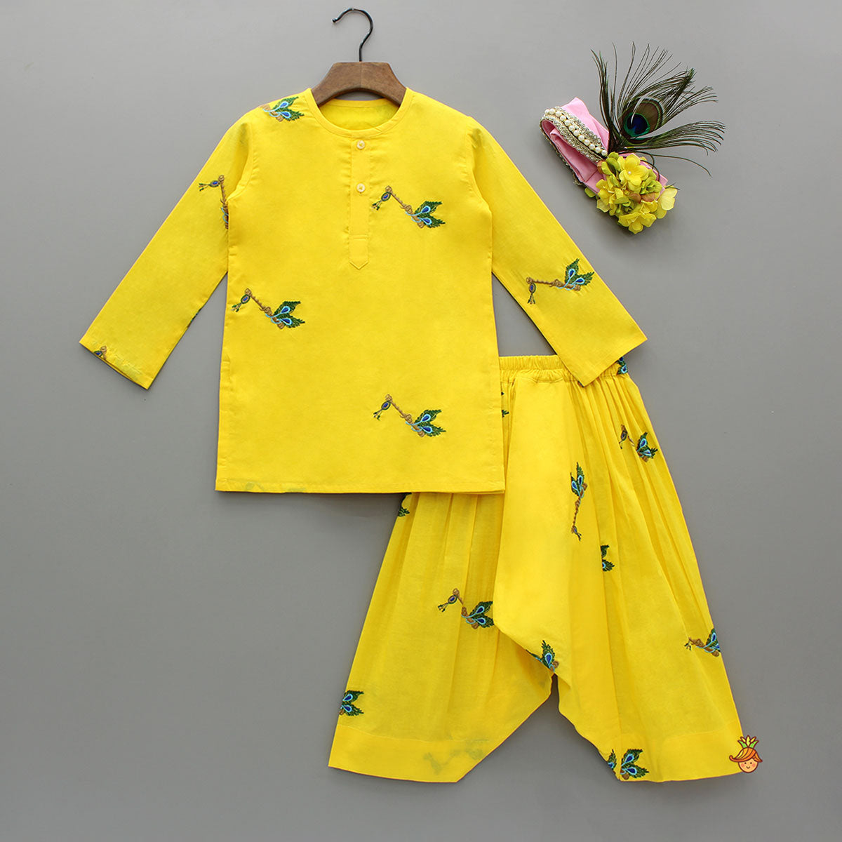 Pre Order: Yellow Embroidered Kurta And Dhoti Style Pant With Head Band