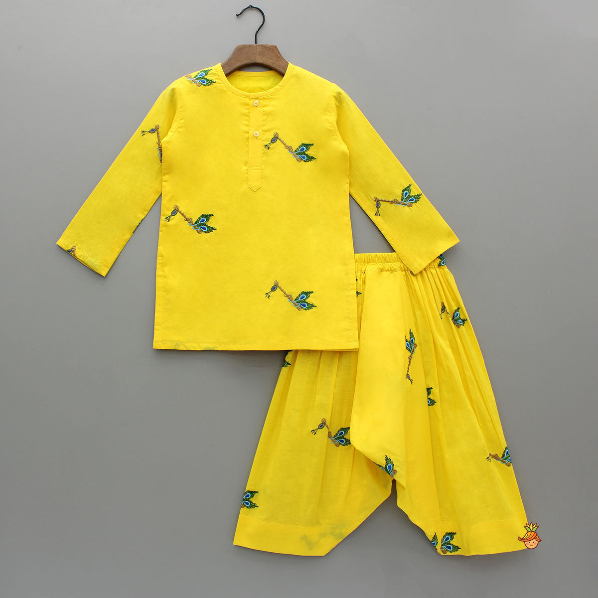 Pre Order: Yellow Embroidered Kurta And Dhoti Style Pant With Head Band