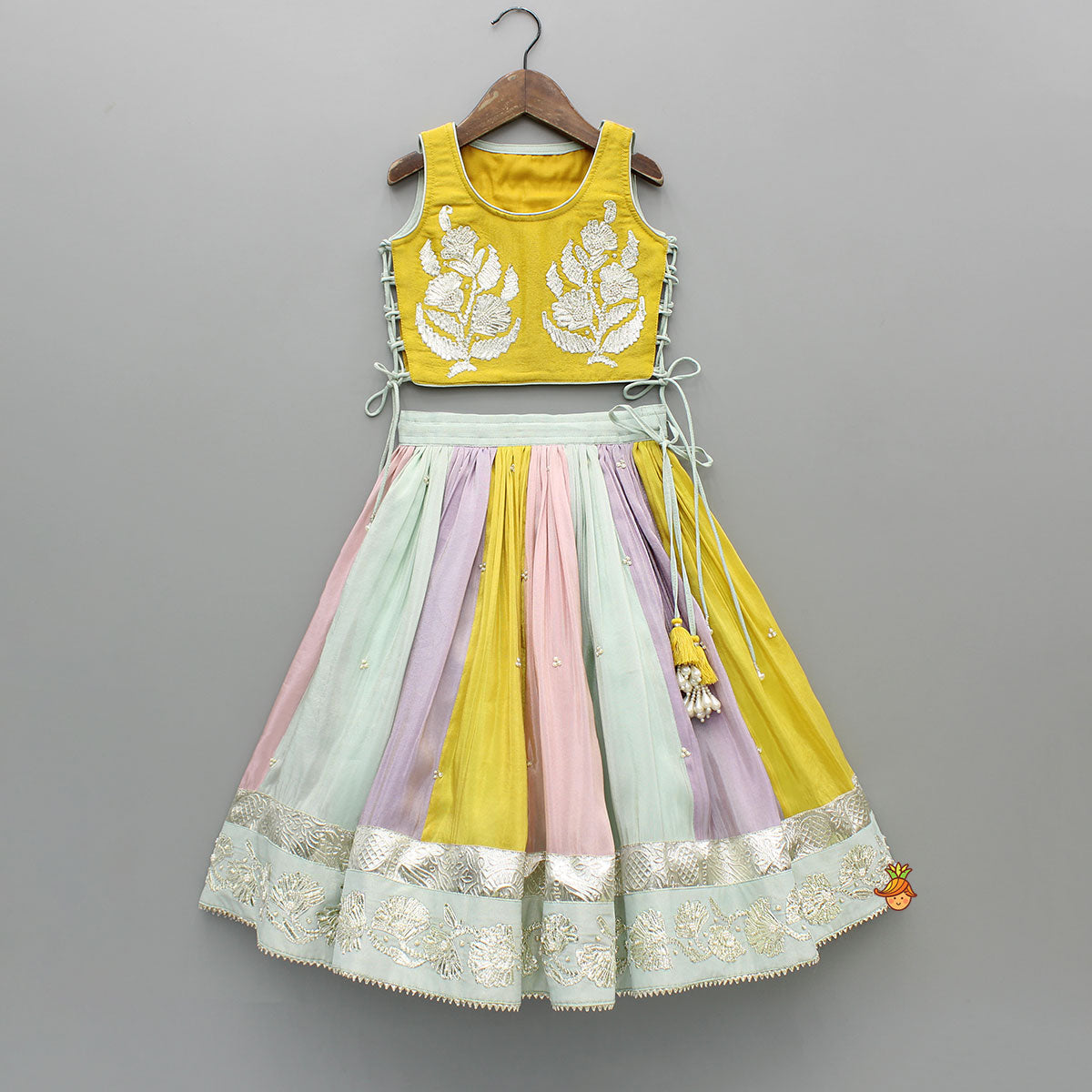 Pre Order: Yellow Gota Lace Embroidered Top And Colour Blocked Multicolour Lehenga