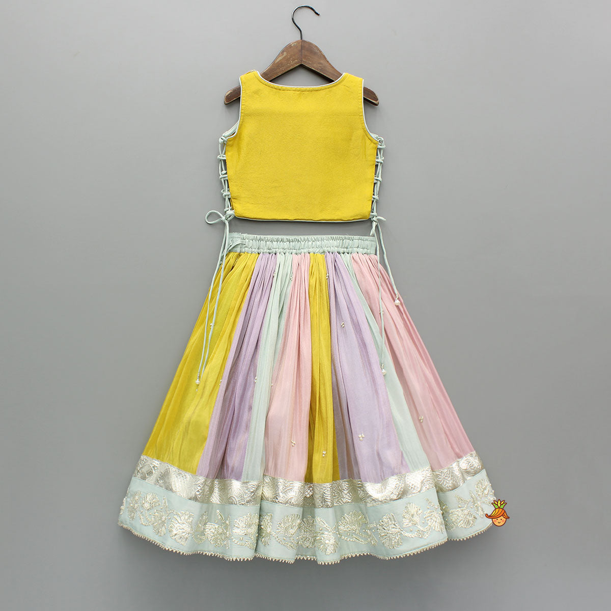 Pre Order: Yellow Gota Lace Embroidered Top And Colour Blocked Multicolour Lehenga