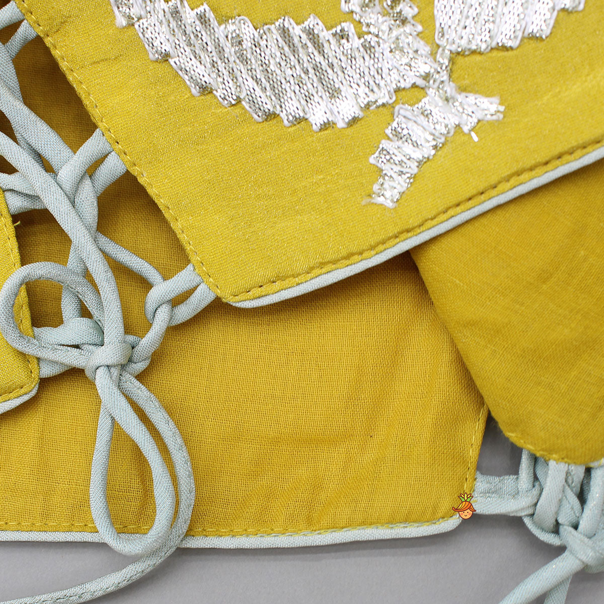 Pre Order: Yellow Gota Lace Embroidered Top And Colour Blocked Multicolour Lehenga