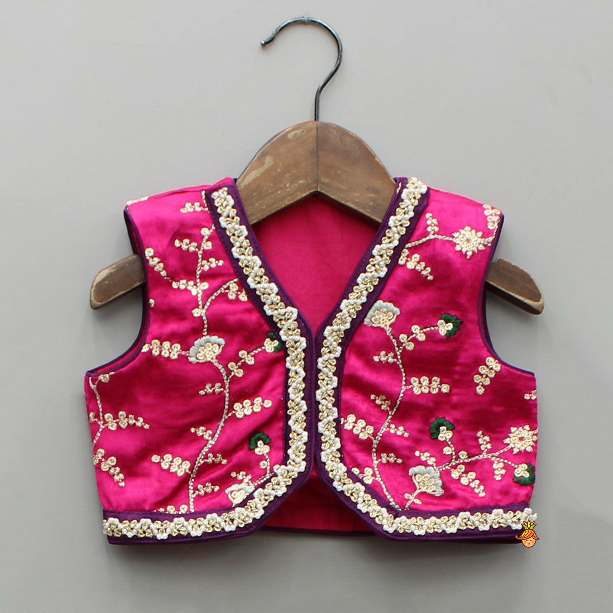 Pre Order: Pink Embroidered Top And Green Lehenga With Dupatta And Matching Potli Bag