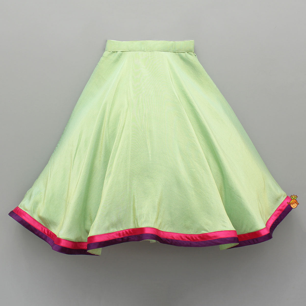 Pre Order: Pink Embroidered Top And Green Lehenga With Dupatta And Matching Potli Bag