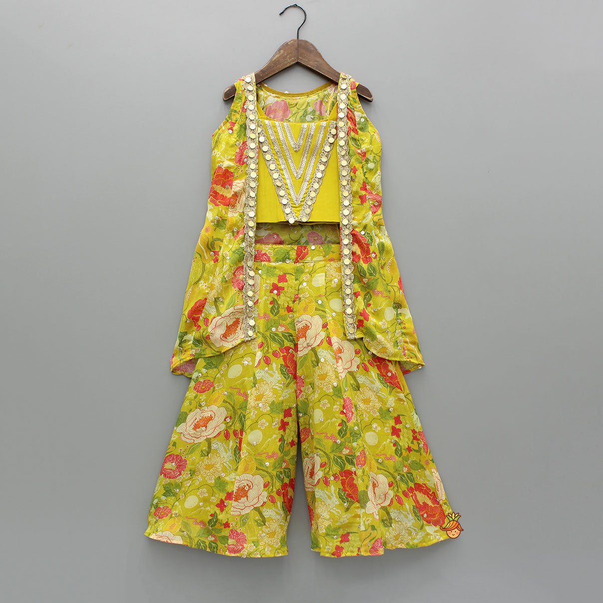 Pre Order: Embroidered And Embellished Strappy Top With Printed Cape And Palazzo