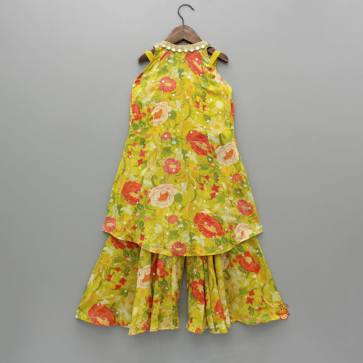 Pre Order: Embroidered And Embellished Strappy Top With Printed Cape And Palazzo