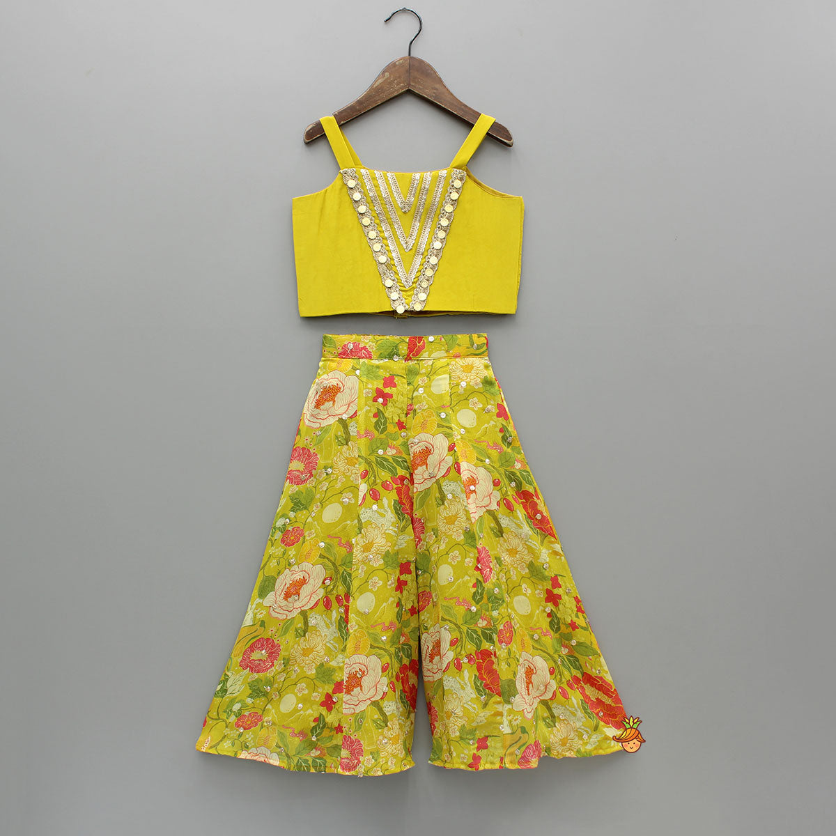 Pre Order: Embroidered And Embellished Strappy Top With Printed Cape And Palazzo