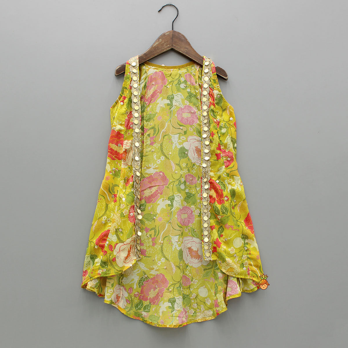 Pre Order: Embroidered And Embellished Strappy Top With Printed Cape And Palazzo