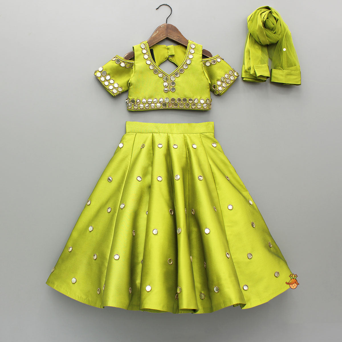 Pre Order: Green Embellished Stylish Top And Lehenga With Matching Dupatta