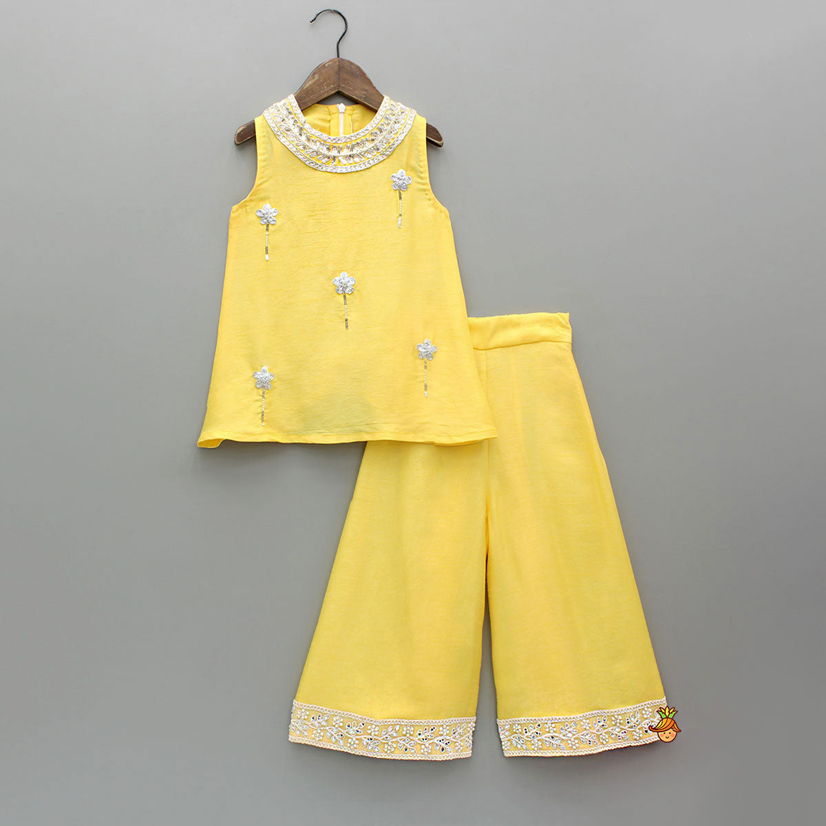 Pre Order: Yellow Embroidered Kurti And Flared Palazzo