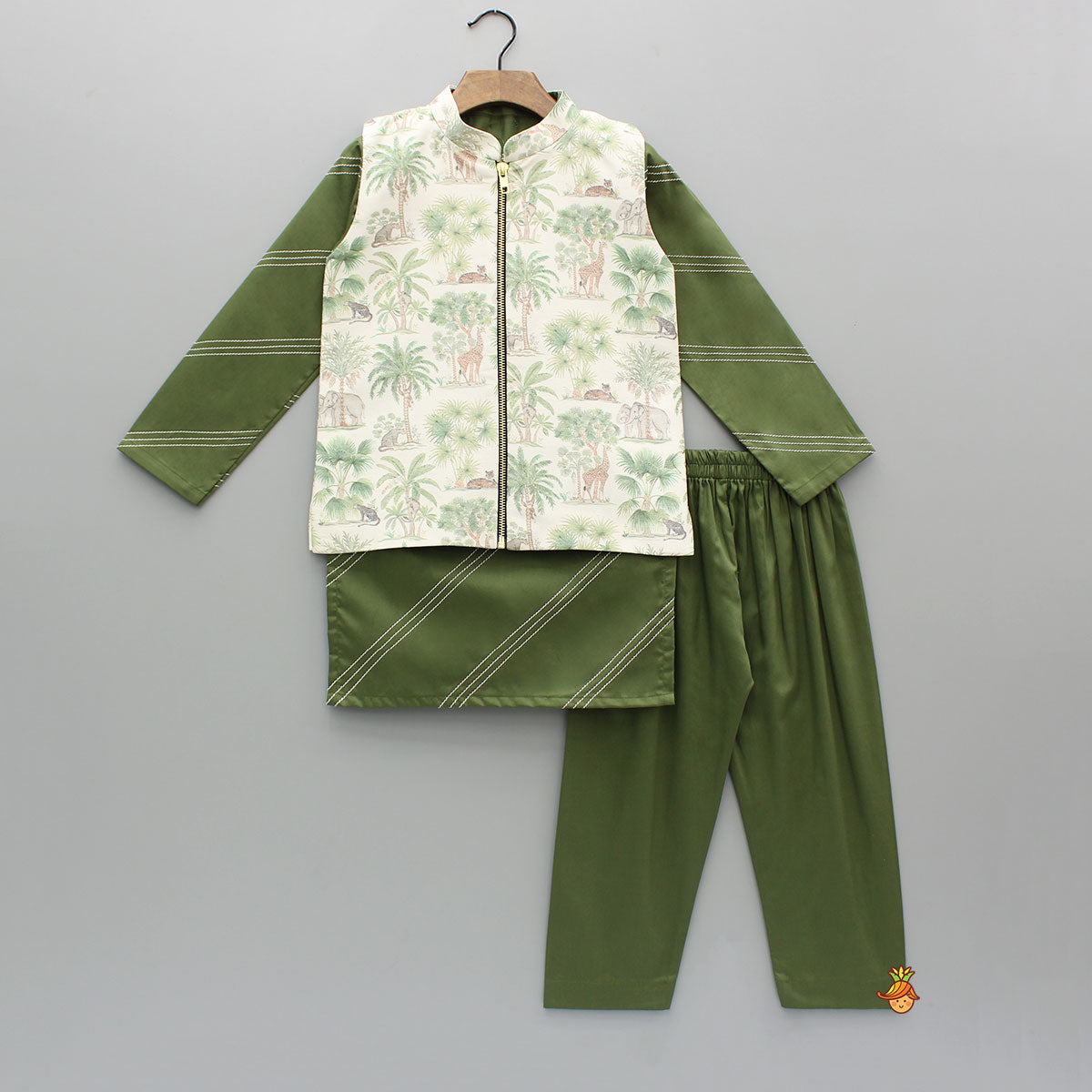 Pre Order: Green Kurta And Printed Jacket With Pyjama