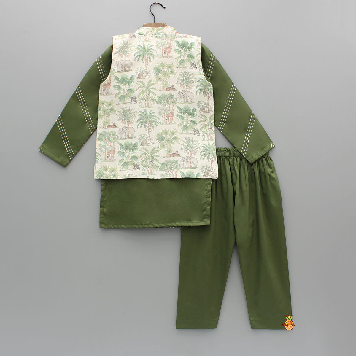 Pre Order: Green Kurta And Printed Jacket With Pyjama
