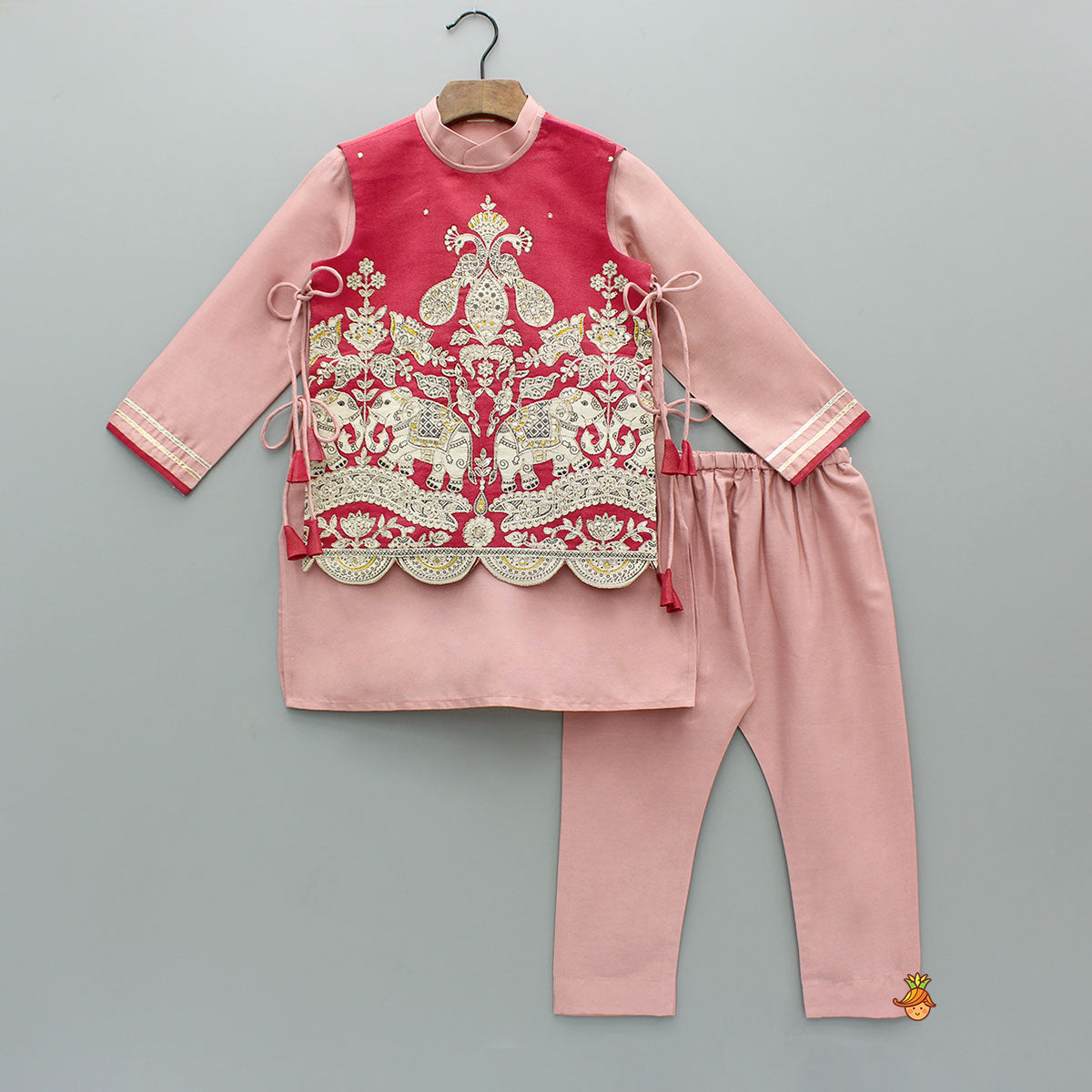 Pre Order: Kurta With Printed Embroidered Jacket And Pyjama