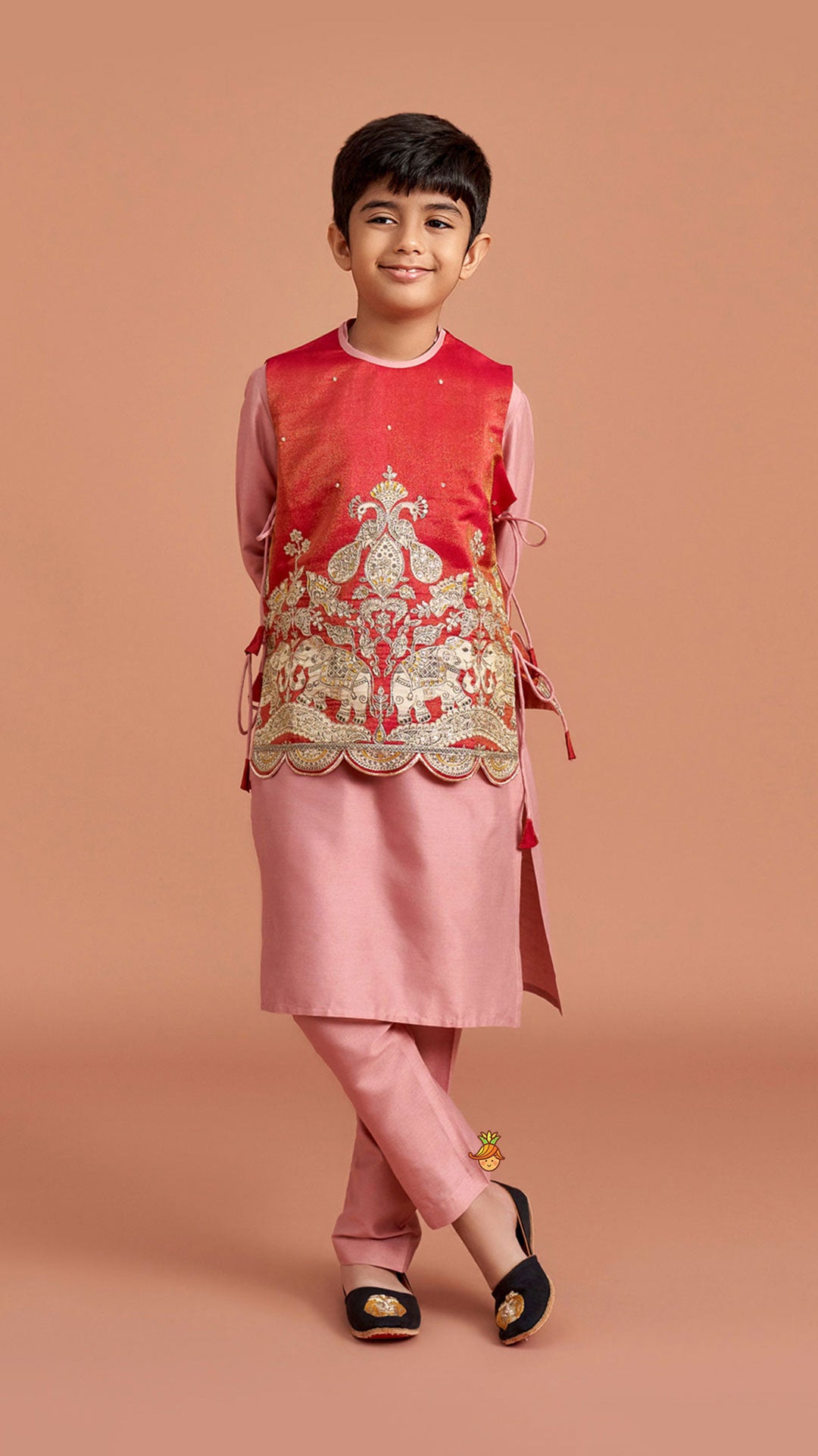 Pre Order: Kurta With Printed Embroidered Jacket And Pyjama