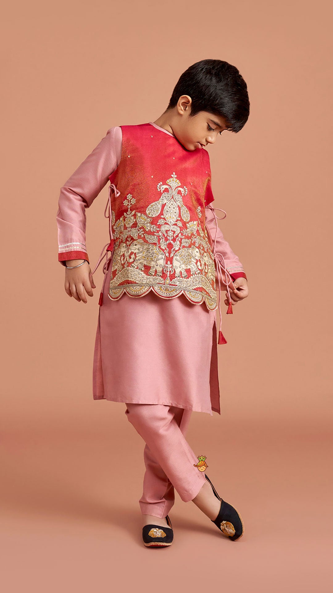 Pre Order: Kurta With Printed Embroidered Jacket And Pyjama