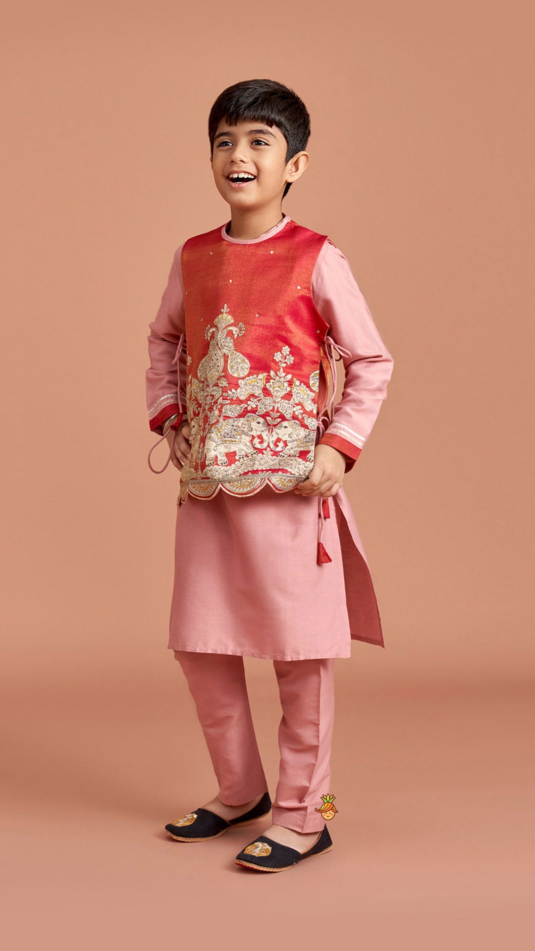Pre Order: Kurta With Printed Embroidered Jacket And Pyjama