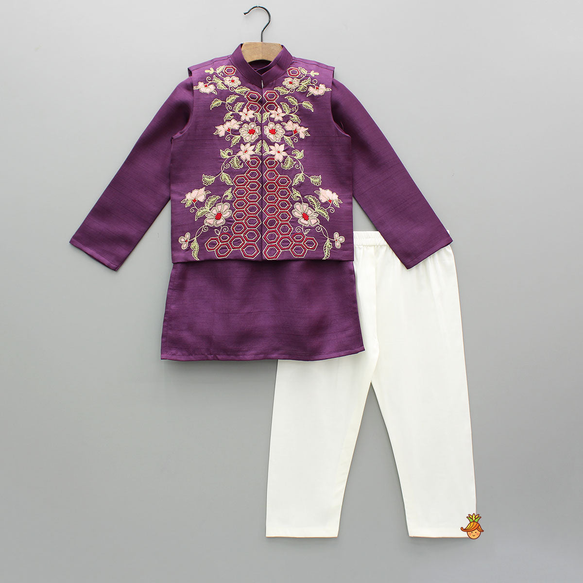 Pre Order: Purple Kurta With Embroidered Jacket And Pyjama