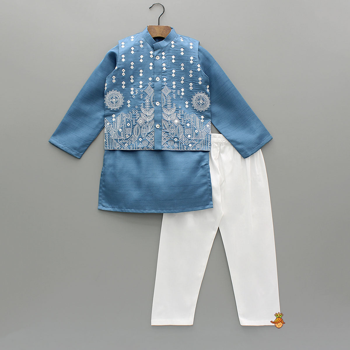 Pre Order: Blue Kurta With Embroidered Jacket And Pyjama