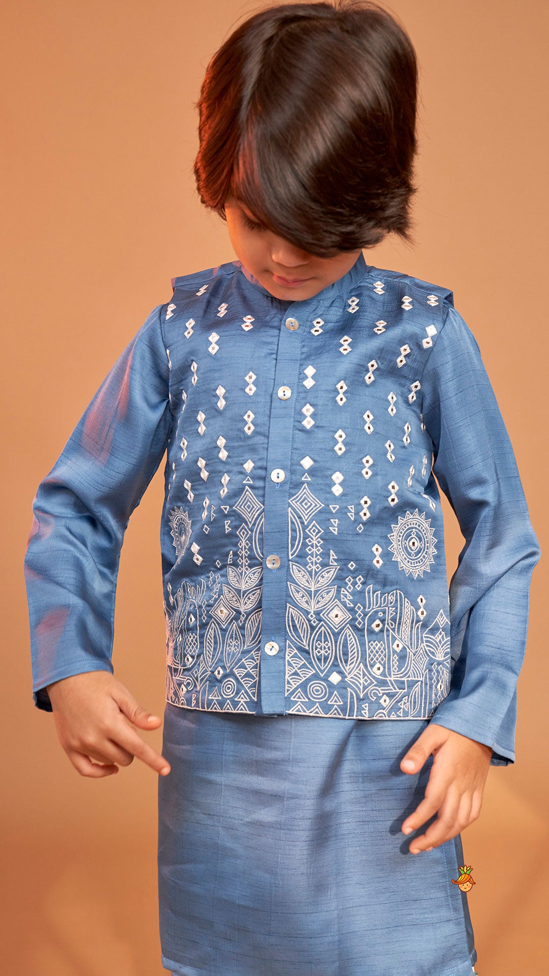 Pre Order: Blue Kurta With Embroidered Jacket And Pyjama
