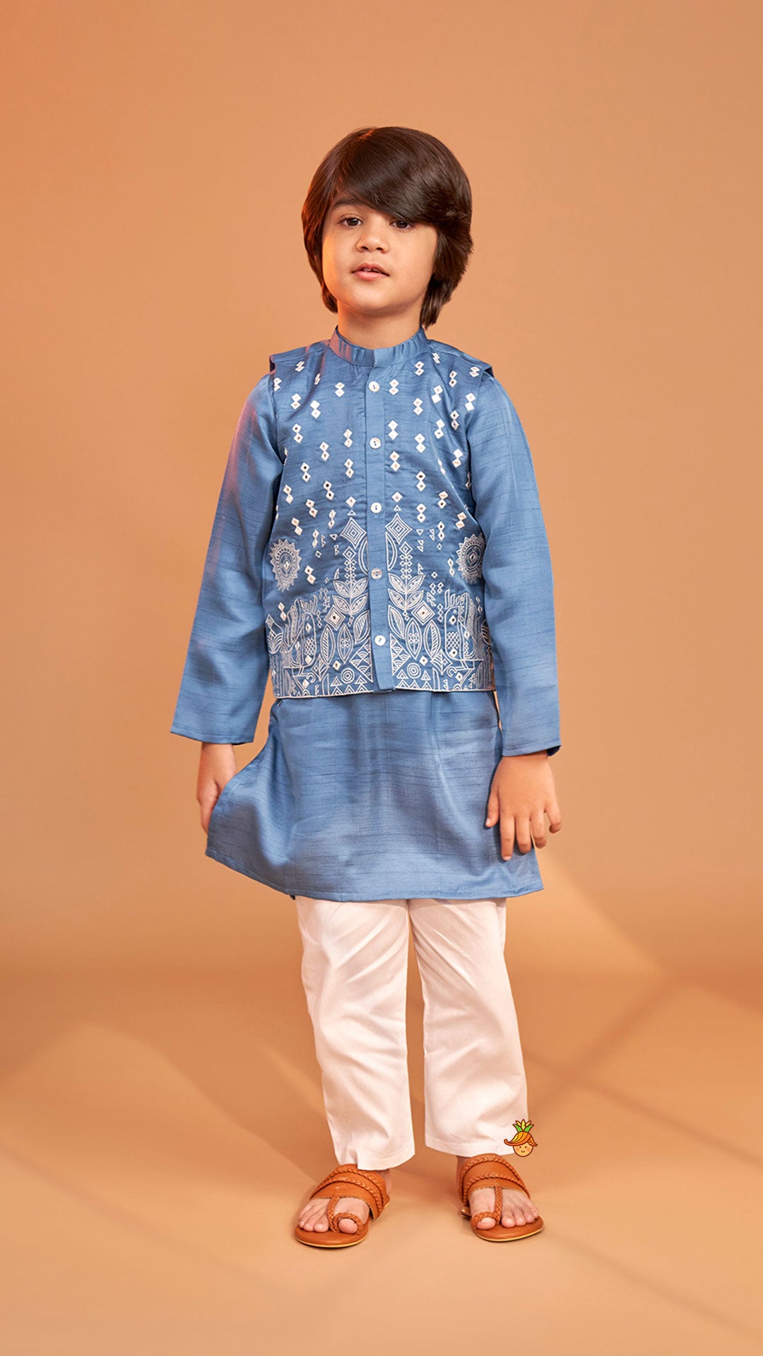 Pre Order: Blue Kurta With Embroidered Jacket And Pyjama