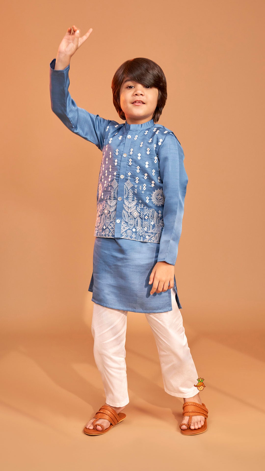 Pre Order: Blue Kurta With Embroidered Jacket And Pyjama