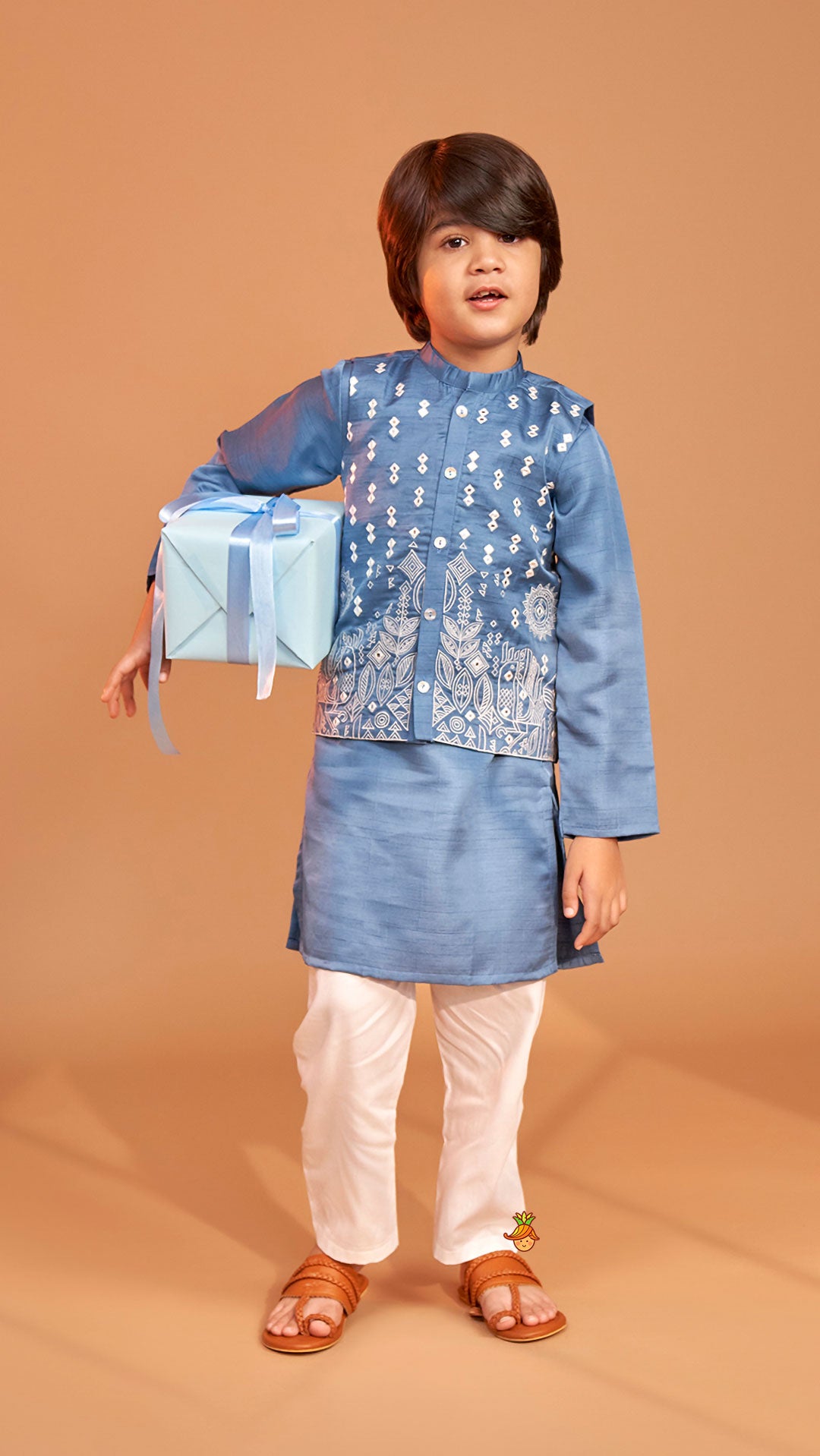 Pre Order: Blue Kurta With Embroidered Jacket And Pyjama