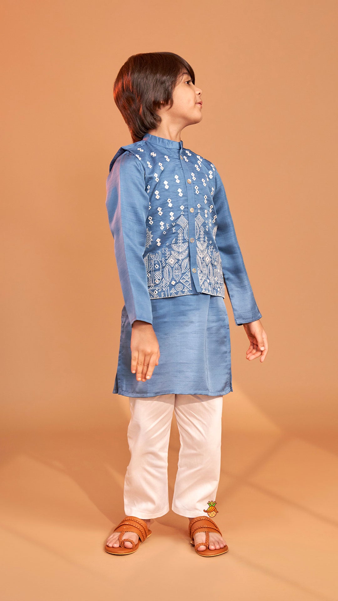 Pre Order: Blue Kurta With Embroidered Jacket And Pyjama