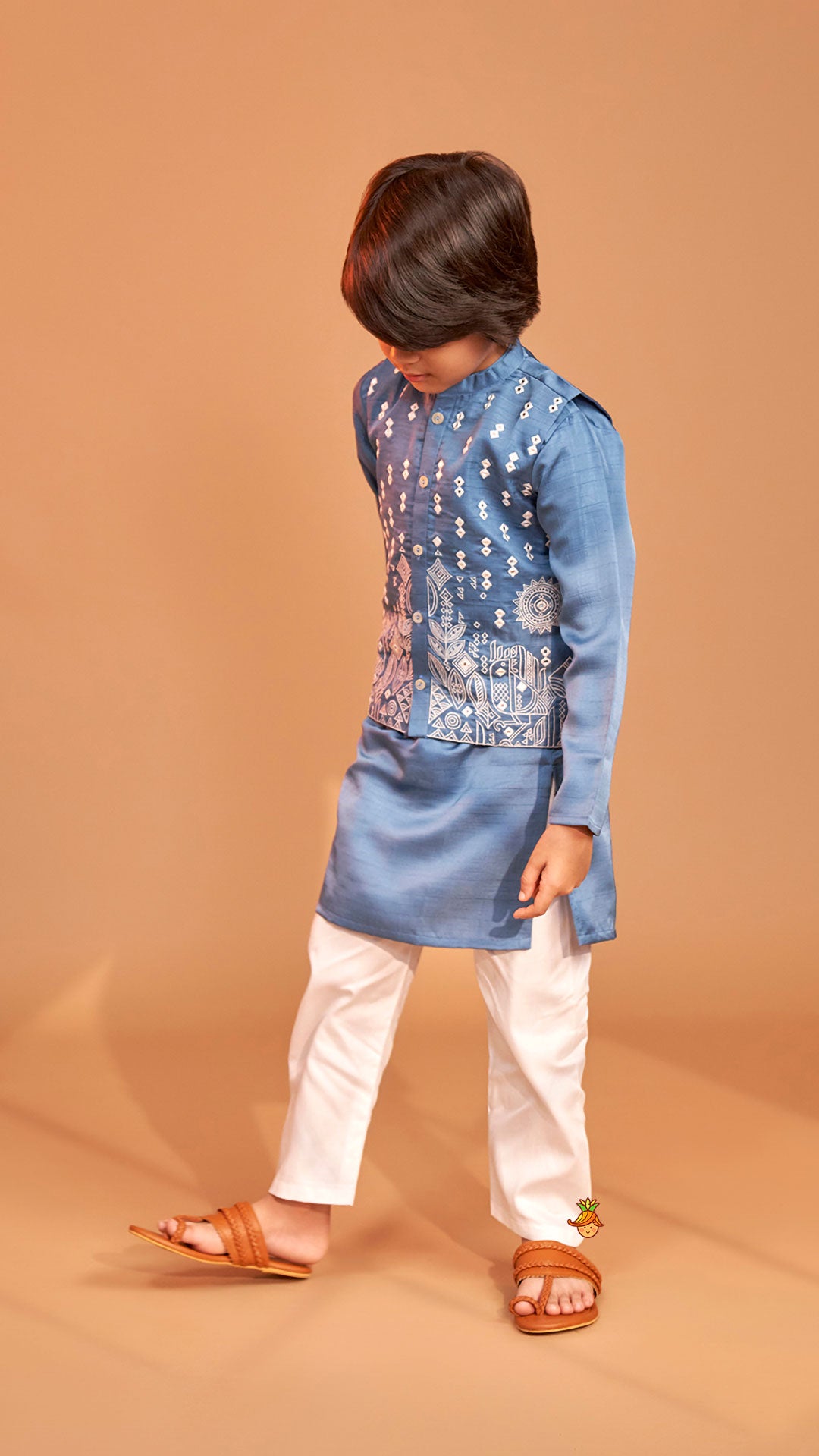 Pre Order: Blue Kurta With Embroidered Jacket And Pyjama