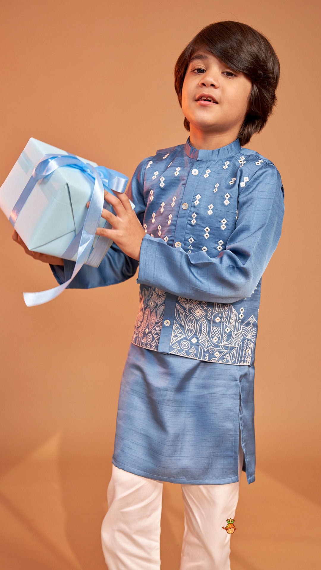 Pre Order: Blue Kurta With Embroidered Jacket And Pyjama
