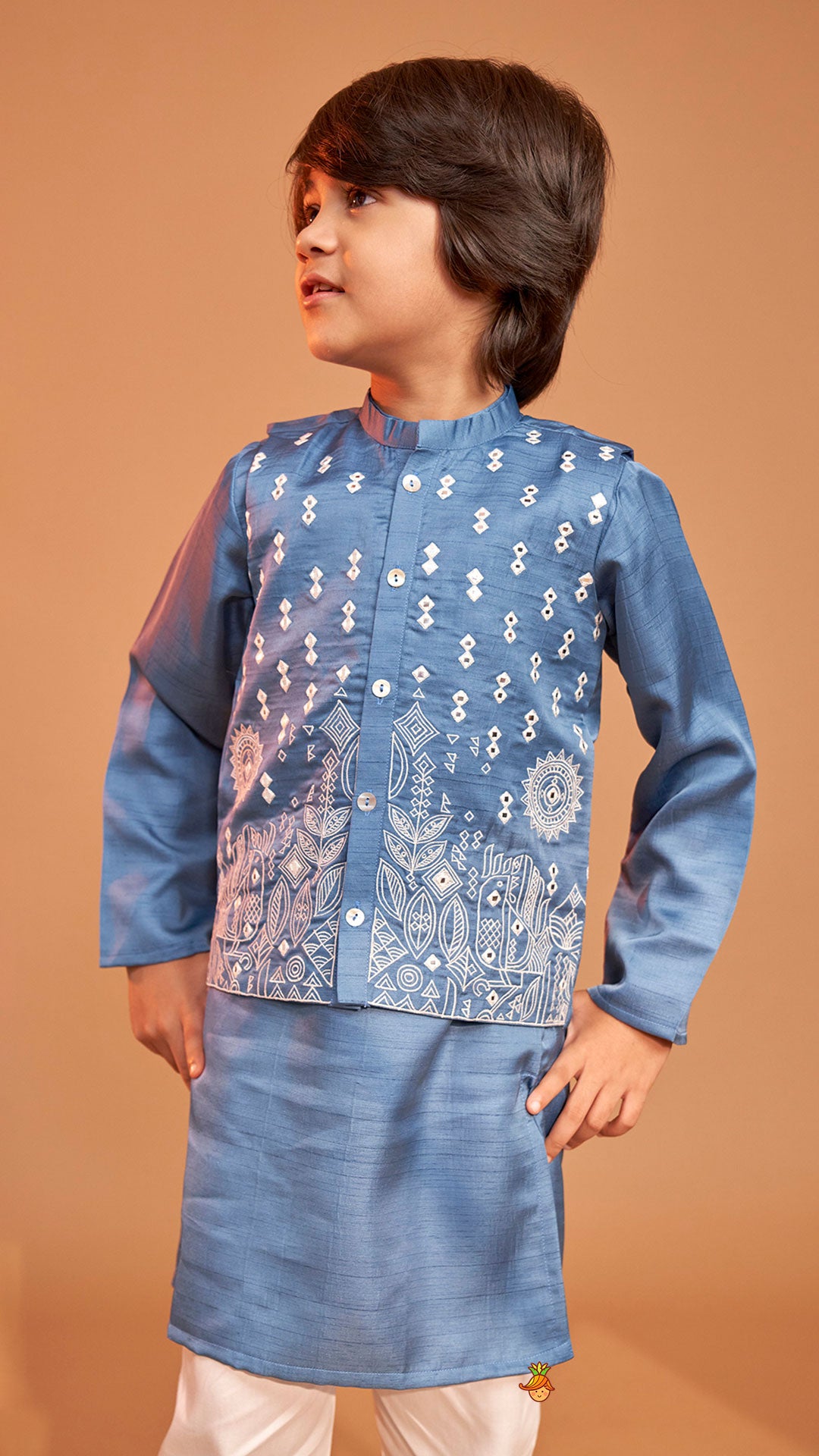 Pre Order: Blue Kurta With Embroidered Jacket And Pyjama