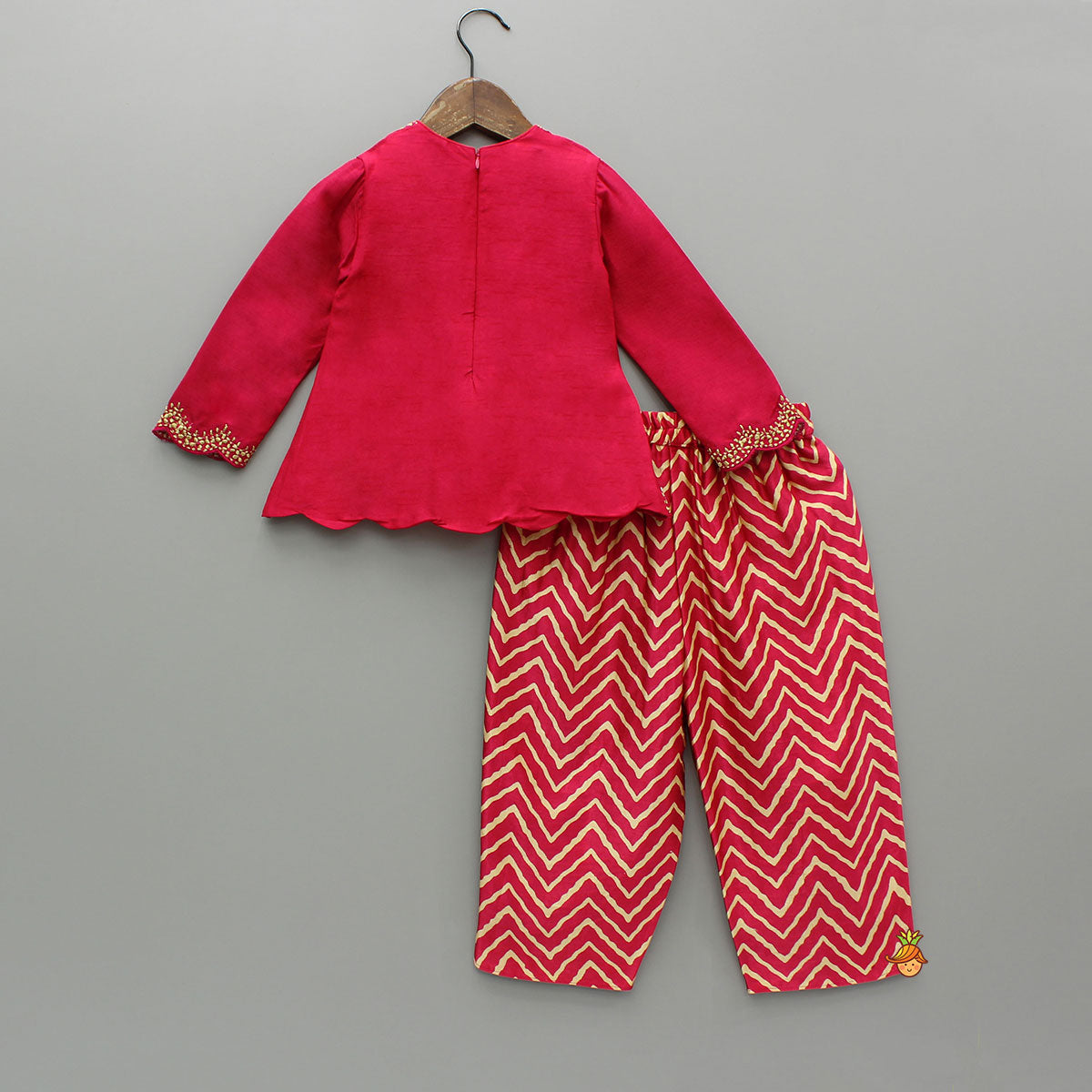 Pre Order: Pink Embroidered High-Low Top With Printed Dhoti