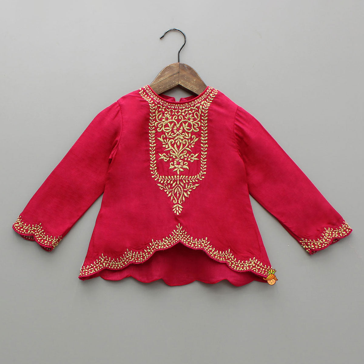 Pre Order: Pink Embroidered High-Low Top With Printed Dhoti