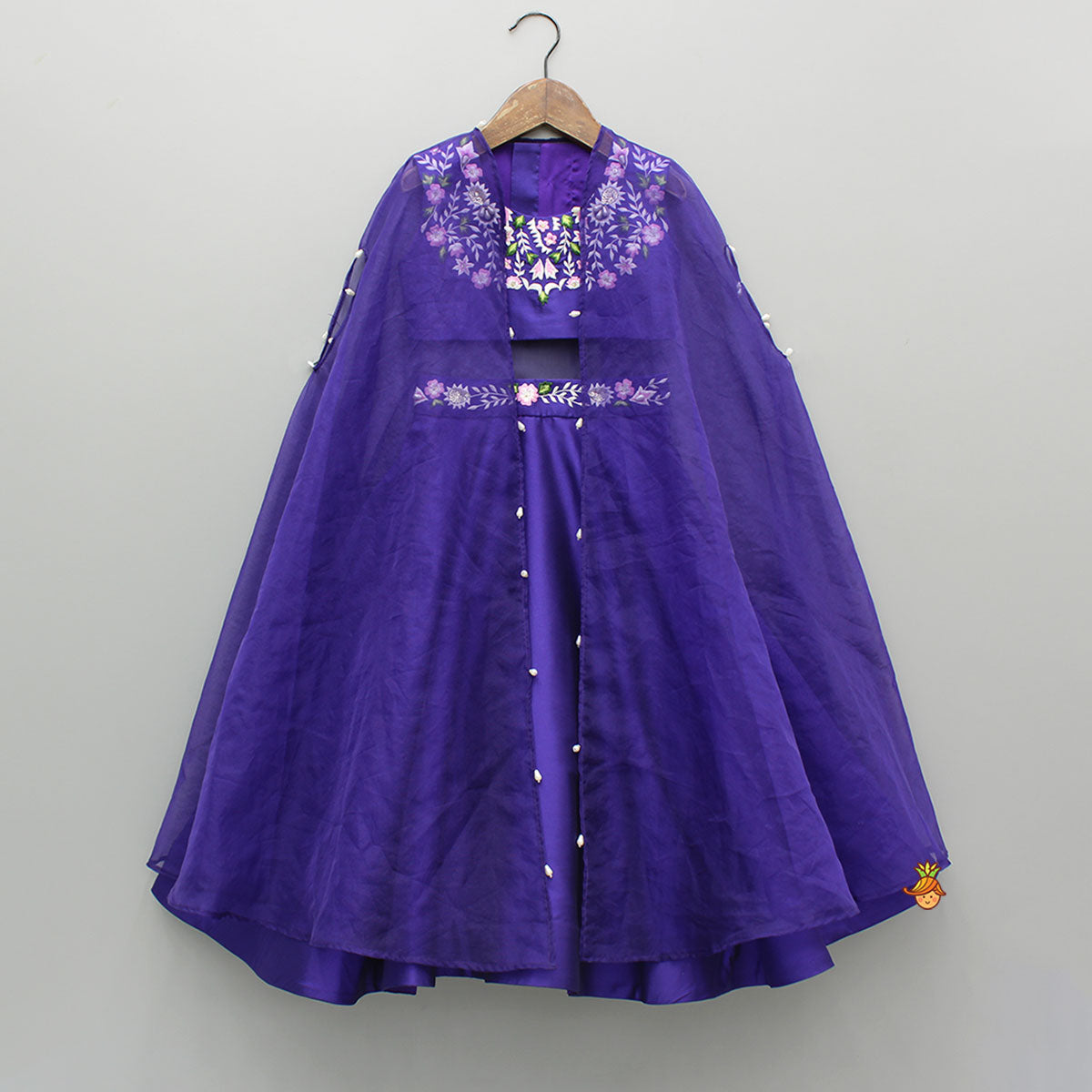 Pre Order: Purple Embroidered Top And Lehenga With Long Embellished Cape