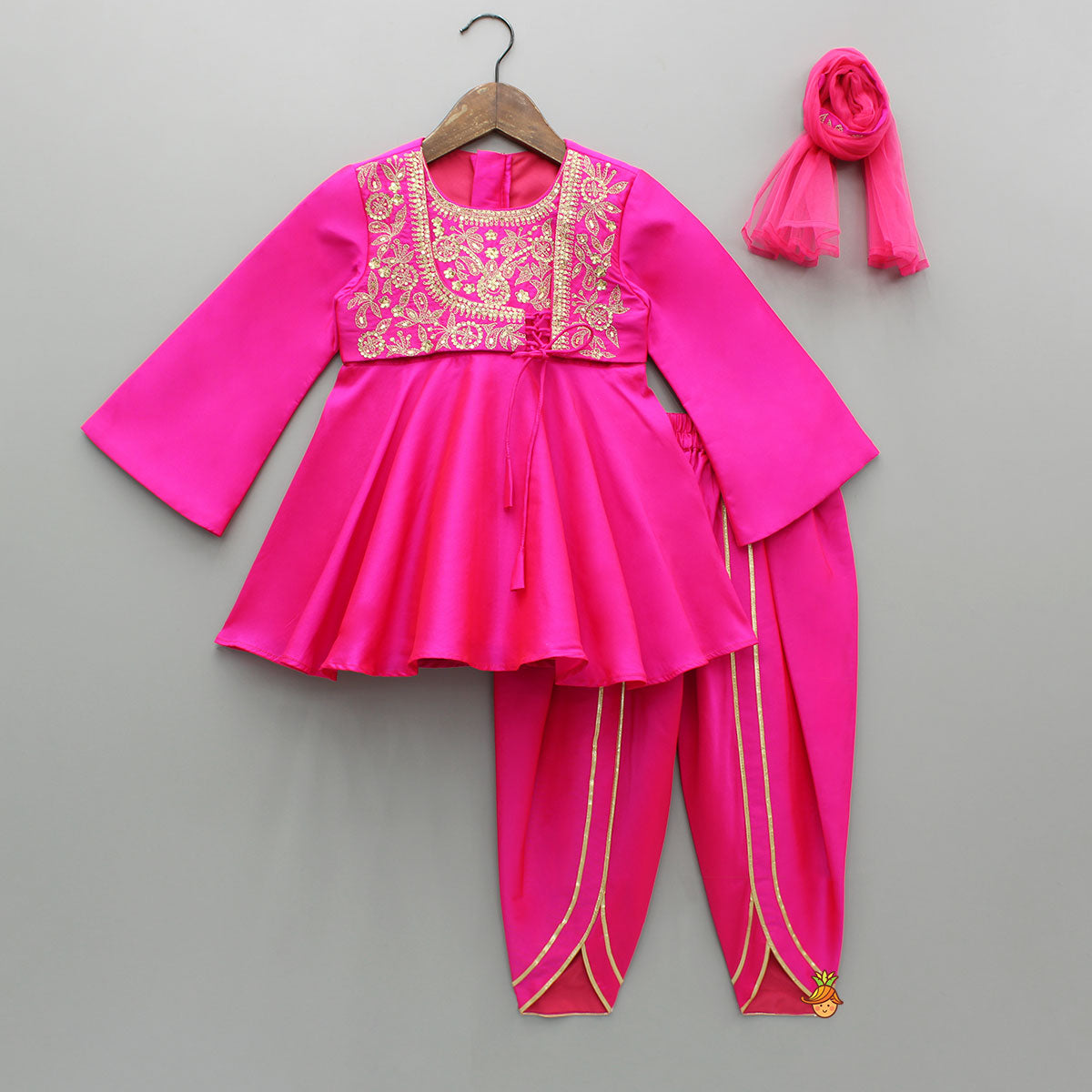 Pre Order: Pink Embroidered Kurti With Attached Jacket And Tulip Pant