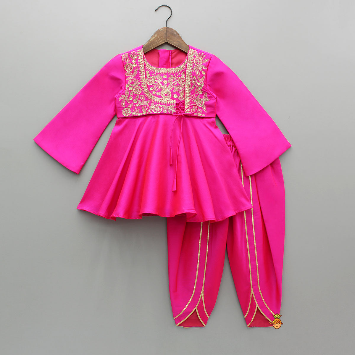 Pre Order: Pink Embroidered Kurti With Attached Jacket And Tulip Pant