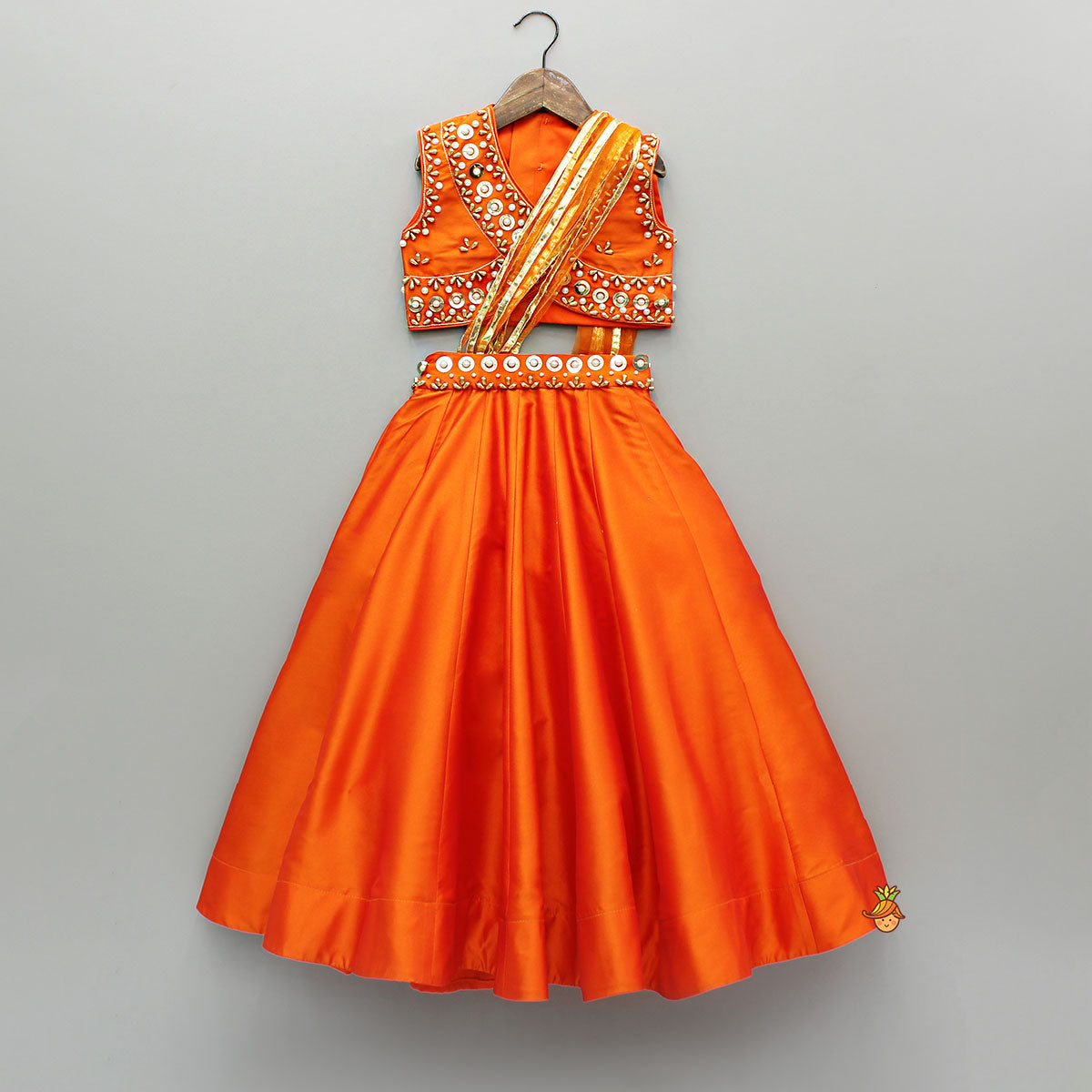 Pre Order: Orange Embroidered Top And Lehenga With Attached Dupatta