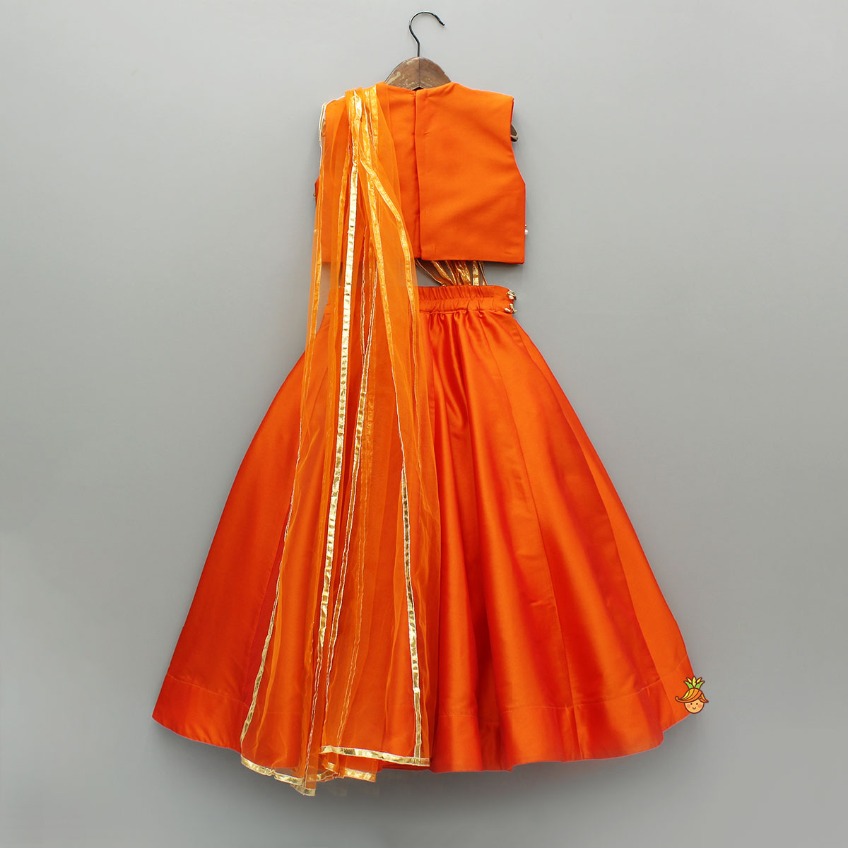 Pre Order: Orange Embroidered Top And Lehenga With Attached Dupatta