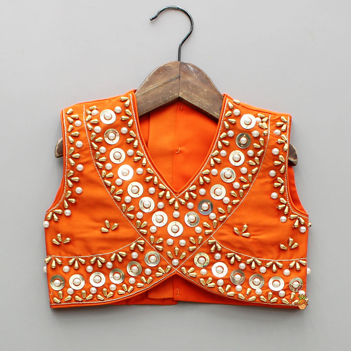 Pre Order: Orange Embroidered Top And Lehenga With Attached Dupatta