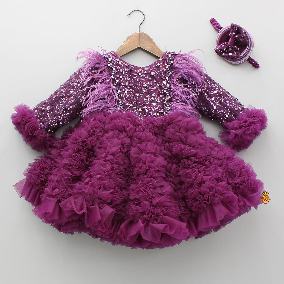 Pre Order: Sequins Embellished Ruffled Dress With Matching Swirled Bow Headband