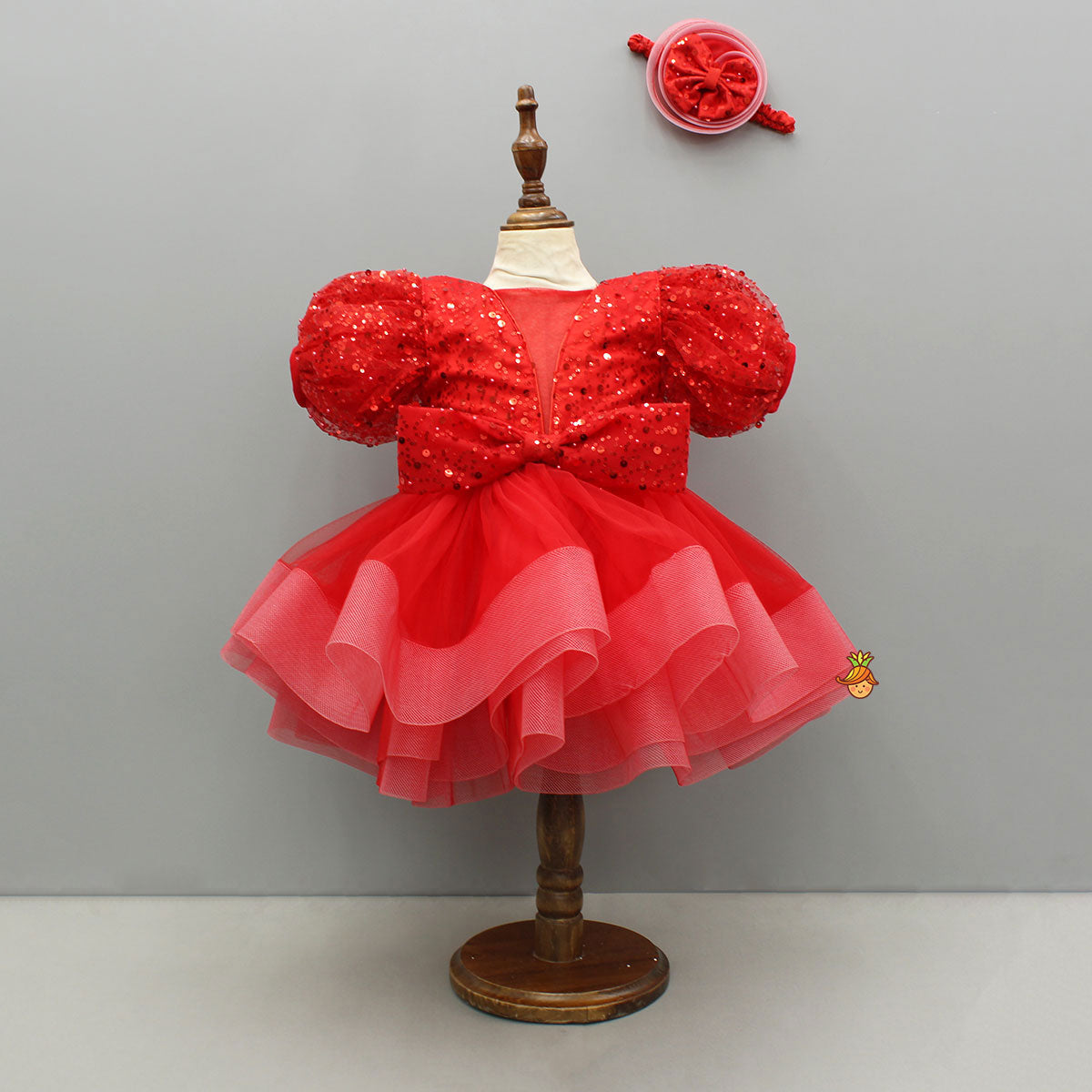 Pre Order: Red Sequined Ruffled Dress With Bows And Matching Swirled Bow Headband