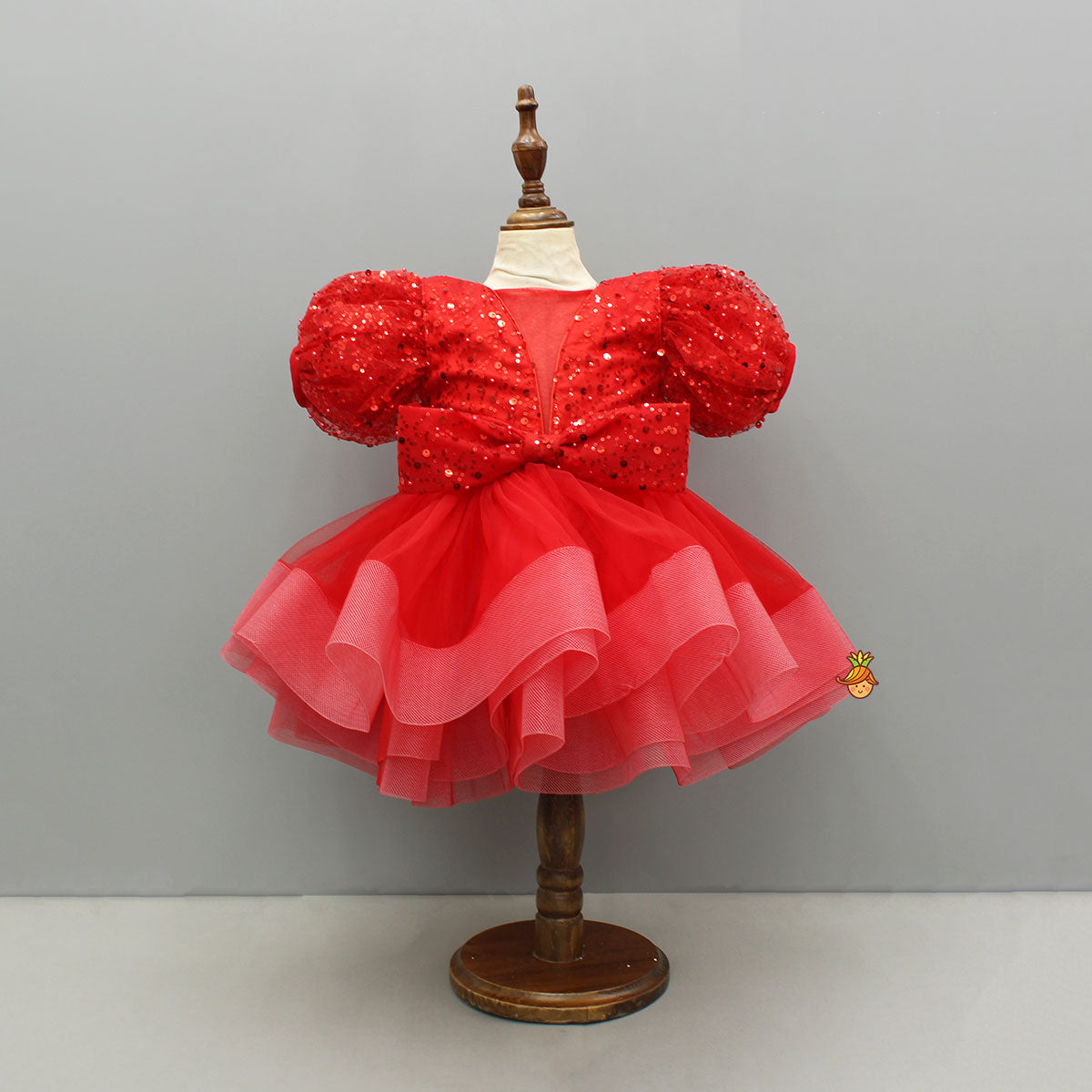 Pre Order: Red Sequined Ruffled Dress With Bows And Matching Swirled Bow Headband