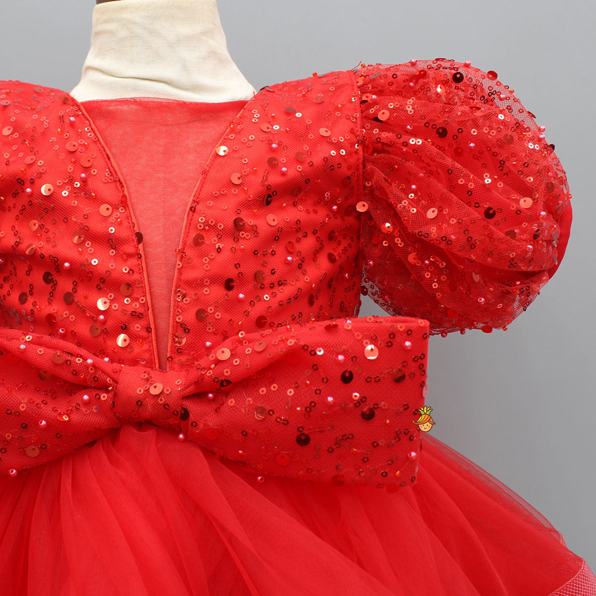 Pre Order: Red Sequined Ruffled Dress With Bows And Matching Swirled Bow Headband