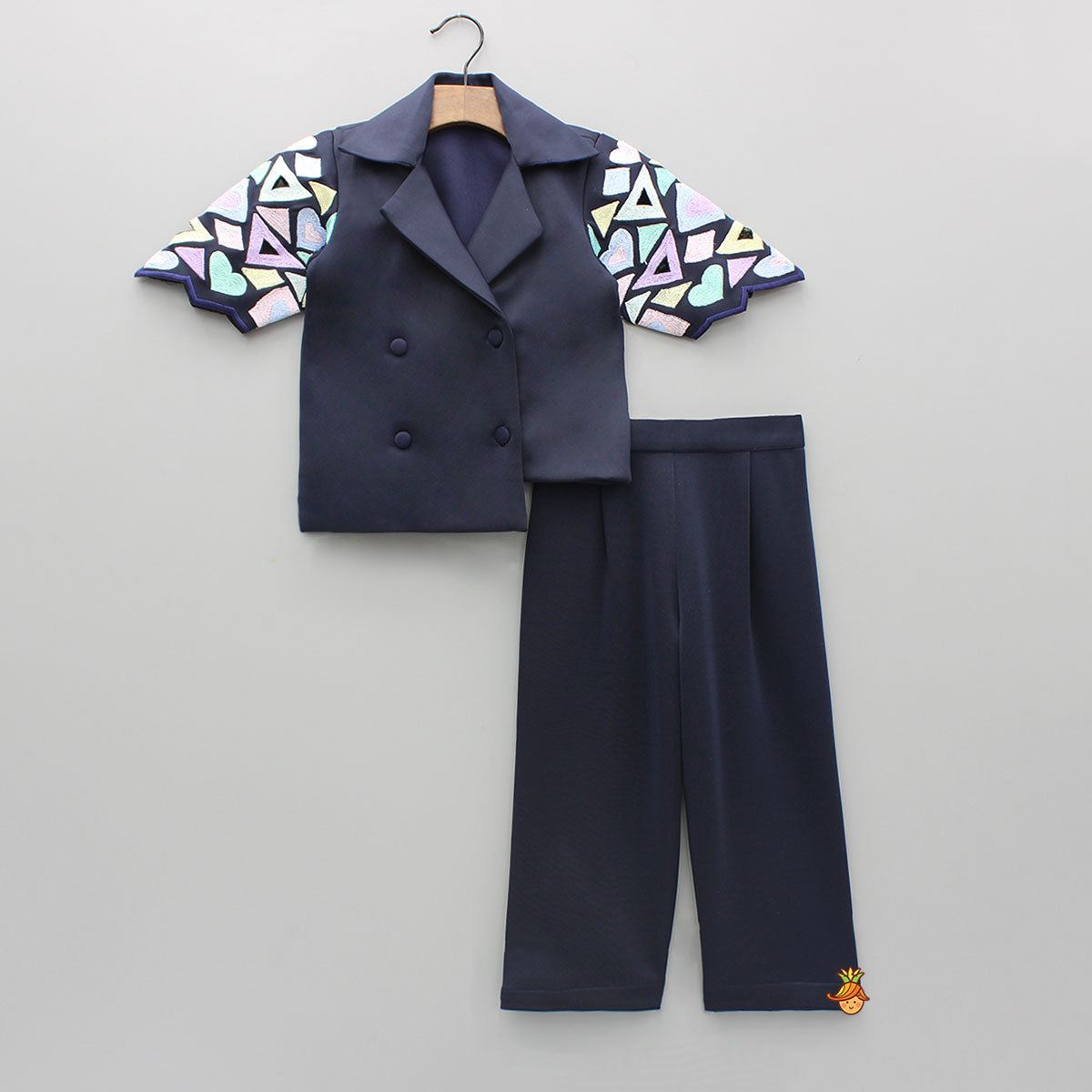 Pre Order: Blue Embroidered Blazer Jacket Style Top And Pant