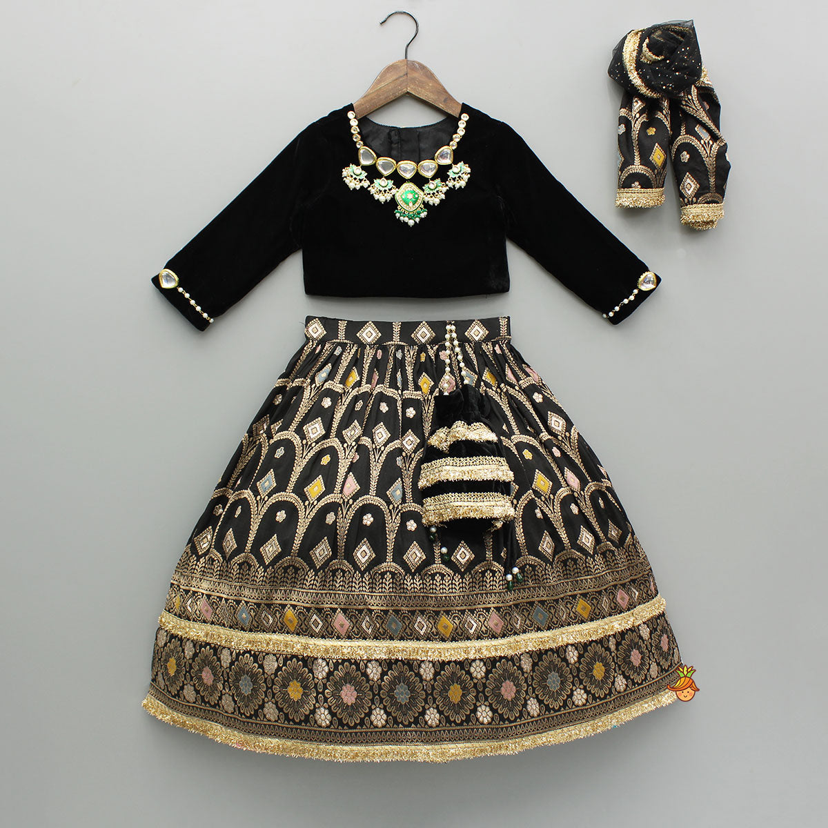 Pre Order: Gorgeous Studded Black Velvet Top With Brocade Embroidered Lehenga And Shimmery Dupatta With Potli Bag