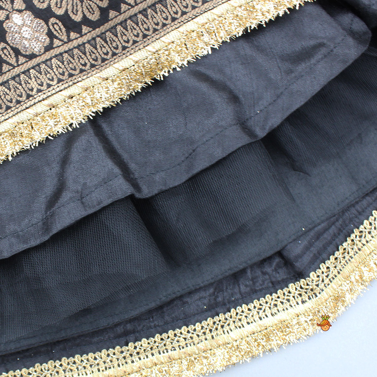 Pre Order: Gorgeous Studded Black Velvet Top With Brocade Embroidered Lehenga And Shimmery Dupatta With Potli Bag