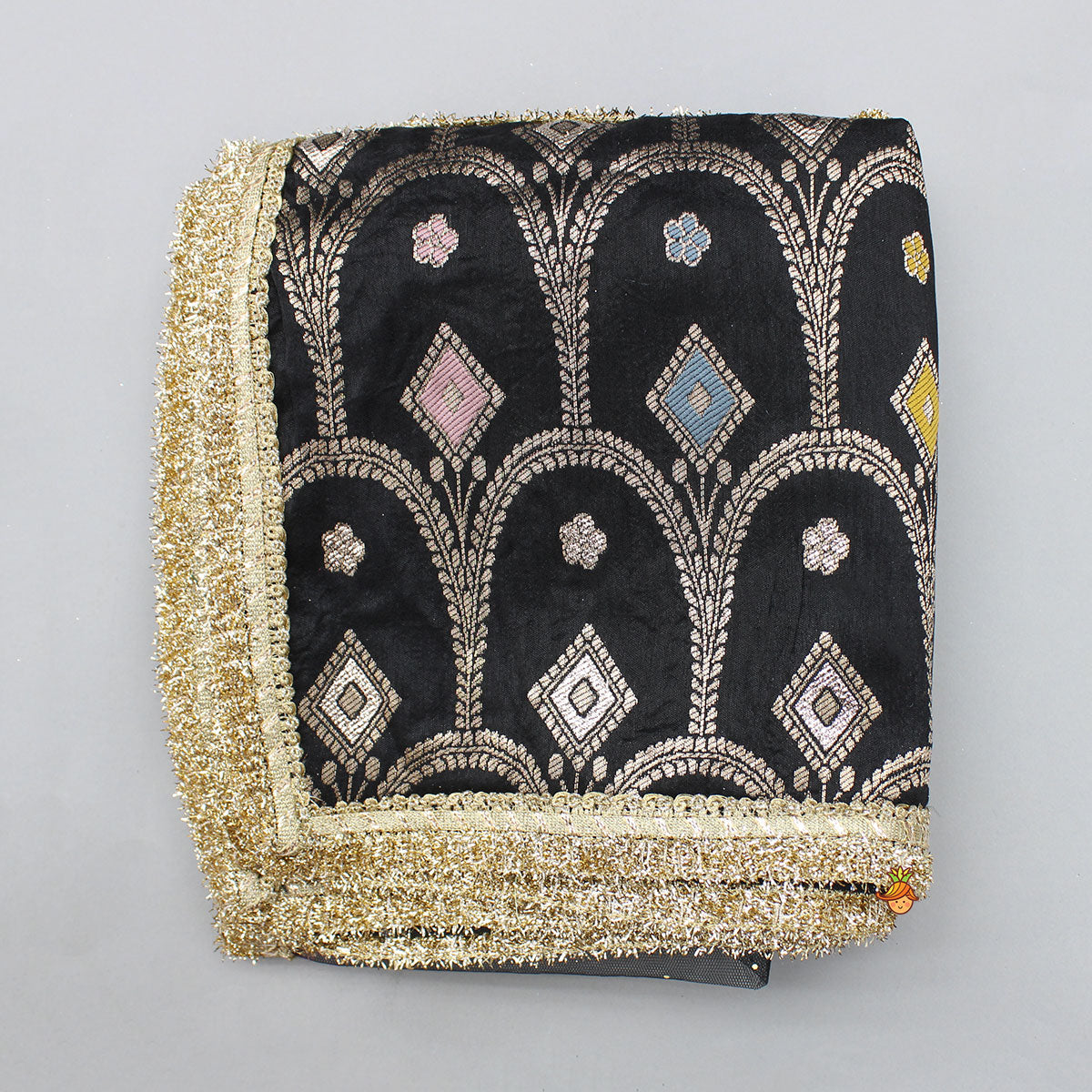 Pre Order: Gorgeous Studded Black Velvet Top With Brocade Embroidered Lehenga And Shimmery Dupatta With Potli Bag