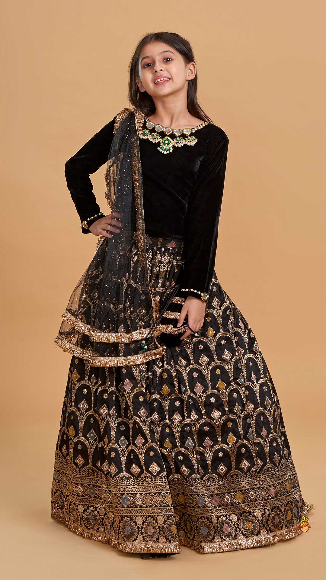 Pre Order: Gorgeous Studded Black Velvet Top With Brocade Embroidered Lehenga And Shimmery Dupatta With Potli Bag