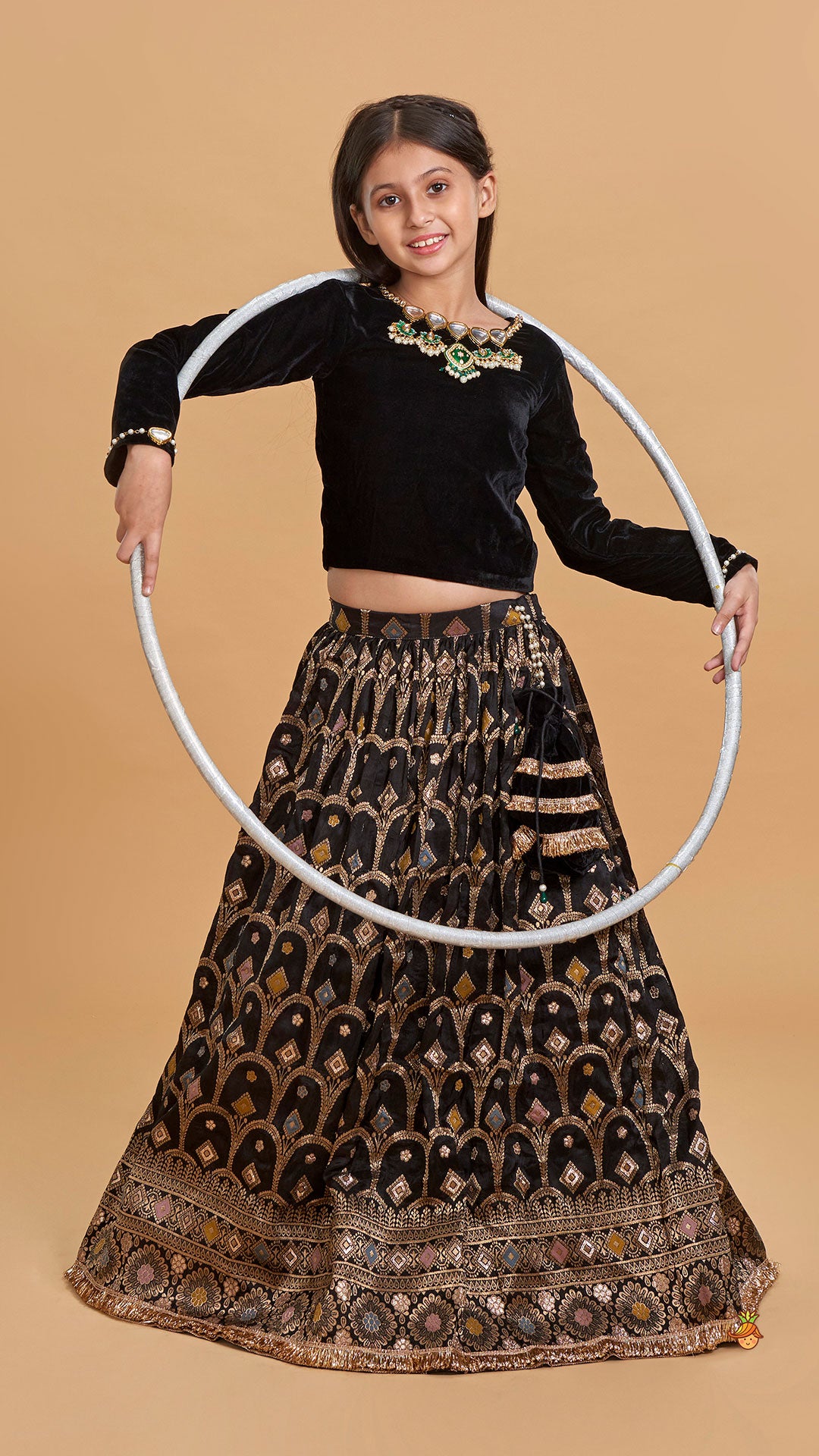 Pre Order: Gorgeous Studded Black Velvet Top With Brocade Embroidered Lehenga And Shimmery Dupatta With Potli Bag