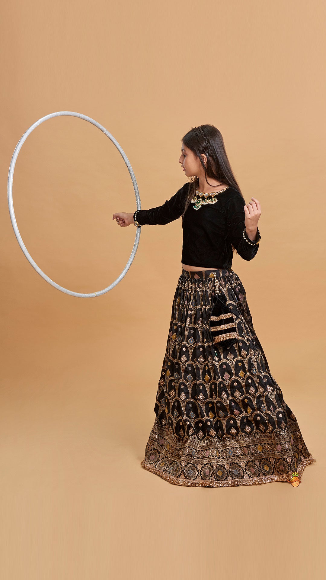Pre Order: Gorgeous Studded Black Velvet Top With Brocade Embroidered Lehenga And Shimmery Dupatta With Potli Bag